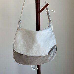 Emporio Armani White Leather and Gray Linen Shoulder Bag